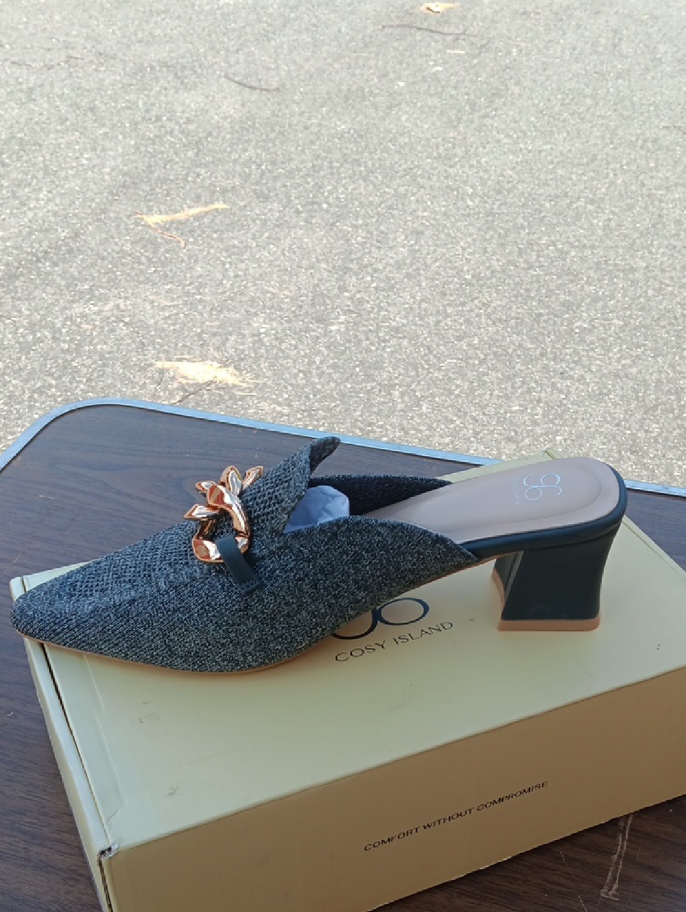 Women's Gray Chain-Accent Block Heel Mule